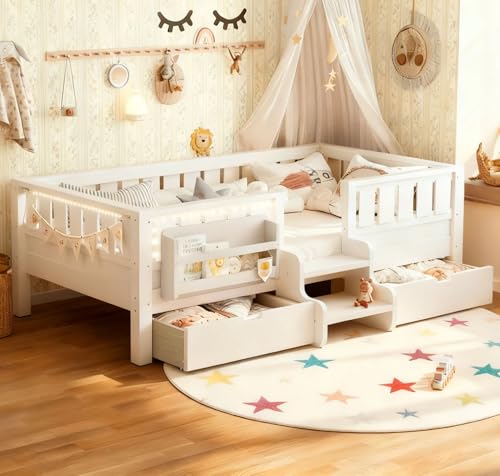 Bellemave Twin Floor Bed Frame with Built-in Bookshelves and Storage Drawers,Twin Size Wood Montessori Bed with Staircase Design and Rails, for Kids, Boys, Girls,Easy Assemble(Twin,White,Drawers) - color: White, size: Twin-Drawers