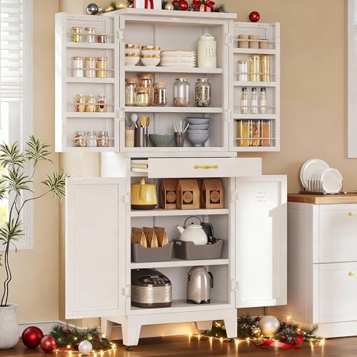 YITAHOME 71" Metal Pantry Cabinet with Drawer, Shelves & Door Racks, White | Tall Freestanding Steel Cupboard with 4 Doors, 8 Racks & Adjustable Shelves for Kitchen and Dining Room
