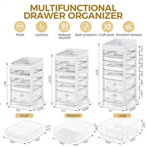 Rolling Cart with 6 Drawers, Clear Plastic Drawer Organizers, Dust Proof Under Desk Storage for Makeup, Skincare, Art Crafts and Baby Items, Acrylic Cosmetic Organizer with Dividers, Vanity Cart - size: 6 Tier