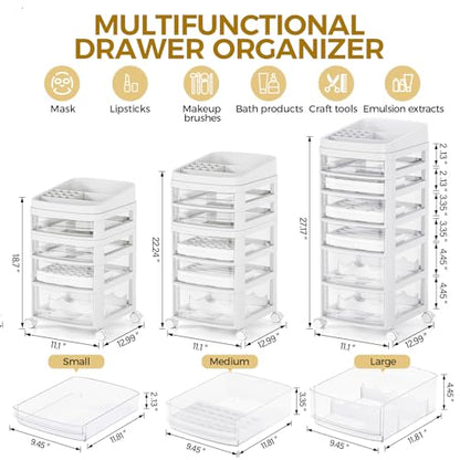 Rolling Cart with 6 Drawers, Clear Plastic Drawer Organizers, Dust Proof Under Desk Storage for Makeup, Skincare, Art Crafts and Baby Items, Acrylic Cosmetic Organizer with Dividers, Vanity Cart - size: 6 Tier
