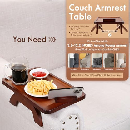 SINWANT Couch Arm Tray with 360° Rotating Phone Holder,Bamboo 15.35"x9.85" Folding Wide Sofa Arm Tray,Anti Slip Clip on Side Table Couch Armrest for Snacks,Drinks,Remotes - color: Walnut