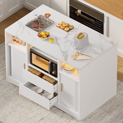 Kitchen Island with Storage, Island Table for Kitchen with Power | Outlet & LED Light, Coffee Cart on Wheels Rolling Buffet Cabinet with Fluted Sliding Door, 2 Drawers, Large Countertop, White - color: White