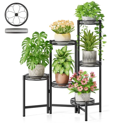 6 Tier Large Plant Stand Indoor with 7.9-Inch Wide Drainage Tray, Tiered Corner Metal Outdoor Flower Display Holder Shelf, Folding Tall Rack for House Patio Porch Balcony Graden - BlackFlower - color: BlackFlower, size: 6-tiers