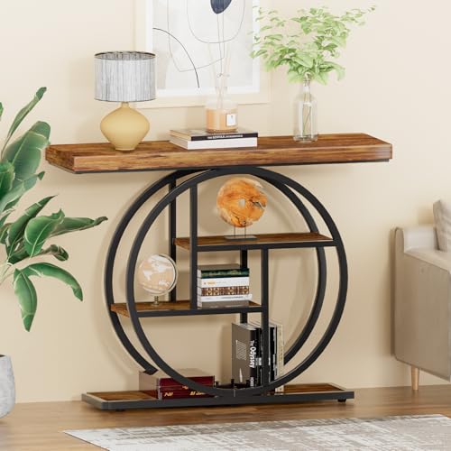 RANXFLOAT Console Tables for Entryway, 4-Tier Industrial Narrow Wood Sofa Table, Entryway Table with Storage Shelves for Living Room (Without Outlet & LED)