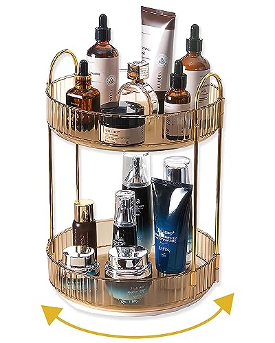 Asayuee 360 Rotating Gold Makeup Organizer,2 Tier Large Capacity Rotating Makeup Organizer,SkincarePerfume Organizer,Bathroom Cosmetics Storage Organizer Countertop (Gold-2 Tier) - color: Gold, size: 2 Tier