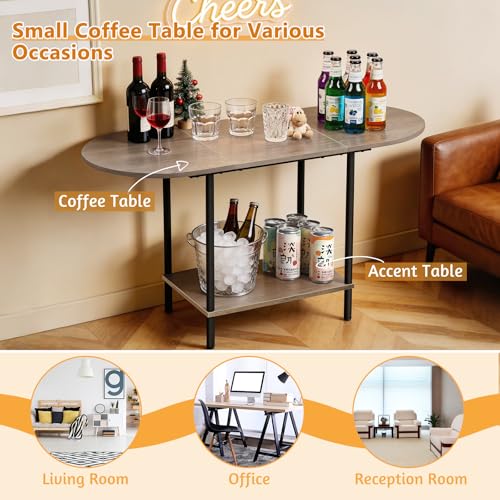 Small Coffee Table,35.4'' Oval Coffee Table with Storage Shelf & Metal Frame,Low Cocktail Tea Accent Table for Apartment,Modern Mid Century Small Living Room Table,Rustic Grey - color: Grey