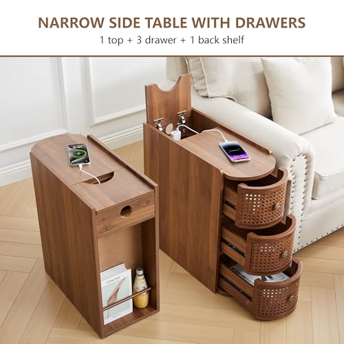 Narrow End Table with 3 Drawer, Metal Rattan Side Table with Storage, Narrow Charging Nightstand for Bedroom Bedside, Living Room Couch Sofa, Office, Desk Side Table for Small Spaces - Walnut - size: Drawer Walnut-1pcs