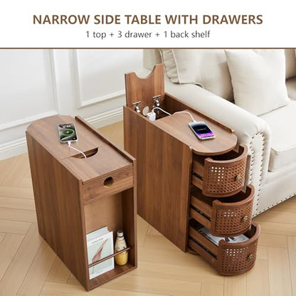 Narrow End Table Set of 2, Metal Rattan Side Table with Storage, Narrow Charging Nightstand with 3 Drawer for Bedroom Bedside, Living Room Couch Sofa, Desk Side Table for Small Spaces - Walnut - size: Drawer Walnut-set