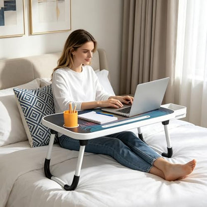 Laptop Bed Table with Storage & Cup Holder - Foldable Bed Table for Laptop, Portable Lap Desk Bed Tray for Breakfast in Bed, Writing, Reading, Working, Eating on Sofa or Floor (144 Jungle)