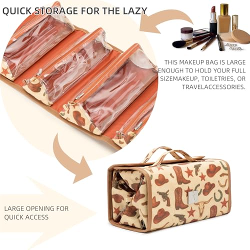 Roll Up Makeup Bag, Travel Toiletry Bag for Women with 4 Clear TSA Approved Pouches, Hanging Travel Organizer, Folding Cosmetic Bag for Men and Women - color: cowboy