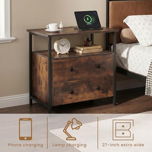 Edbuosy 27 inch Wide Night Stand with Charging Station, Bedside Table with Open Shelf, 2 Drawers Small Wood Dresser, Modern Wood Nightstand for Bedroom/Living Room, Retro Brown - color: Retro Brown, size: 27"W-2 Drawers