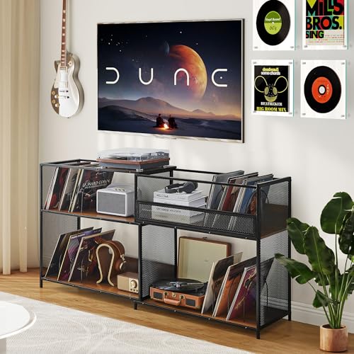 Record Player Stand with Vinyl Storage Cabinet, Stretchable 32-63'' Turntable Table Open Shelf Up to 450 Albums, Cube Storage Organizer for Living Room, Music Room - color: Retractable,Walnut & Black