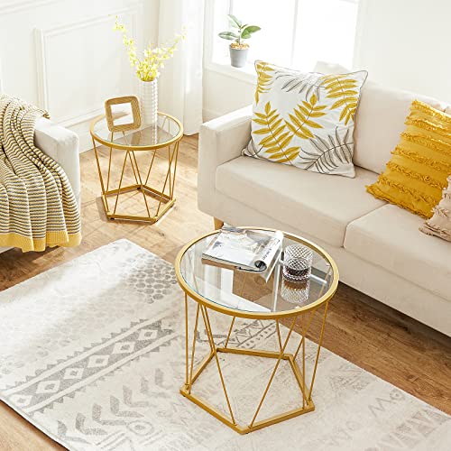 HOOBRO Small Coffee Table Set of 2, Round Coffee End Table with Metal Frame, Glass Tabletop, Gold Side Table for Living Room, Bedroom and Balcony, Modern Style, Gold GD79BZ01