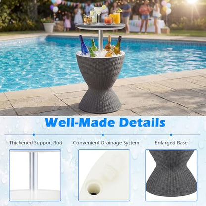 Tangkula Outdoor Cooler Table, Multi-Functional Cooler Bar Table, Adjustable Height Ice Cooler Side Table w/Drain Plug, 8 Gallon Beer & Wine Cooler, Rattan Style Patio Furniture for Pool Parties - color: Grey
