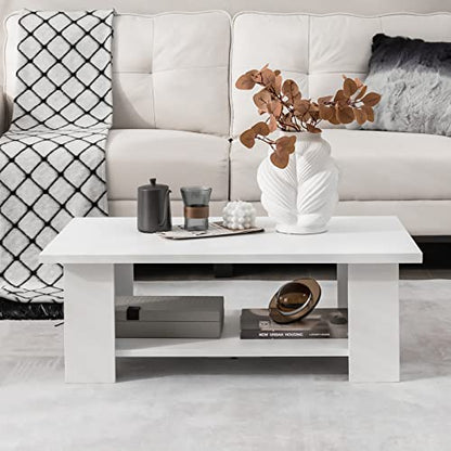 Tangkula 2-Tier Coffee Table, Modern Rectangular Center Cocktail Table with 5 Support Legs, Wooden Accent Living Room Furniture, Small Coffee Table for Small Spaces, Easy Assembly (White) - color: White
