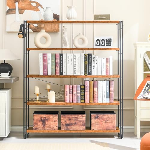 HCHQHS Bookshelf, 5-Tier Industrial Bookcase, Rustic Open Book Shelf, Freestanding Tall Bookshelves with Metal Frame - color: Rustic Brown, size: 5-Tier (47"W x 55.5"H)