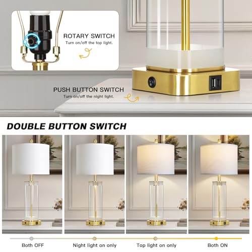 28" Gold Glass Table Lamp Single with Night Light, Modern Bedside Lamp with USB C+A Charging Ports, Nightstand Lamp for Living Room, Glass Lamps for Bedroom End Table Office, Bulbs Included, 1Pack - color: Gold(1 Pack)