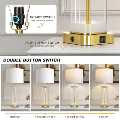 28" Gold Glass Table Lamps Set of 2 with Night Light, Modern Bedside Lamps with USB C+A Charging Ports, Nightstand Lamps for Living Room, Glass Lamps for Bedroom End Table Office, 2 Bulbs Included - color: Gold