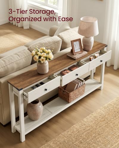 VASAGLE LIRY Collection Narrow Console Table with 3 Drawers | Long Sofa Table with Storage Shelf, Honey Brown and Rustic White, 9.4 x 63 x 29.9 Inch, ULNT148W101 - color: Honey Brown + Rustic White, size: 9.4"D x 63"W x 29.9"H