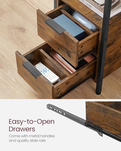 VASAGLE Side End Table with Charging Station, Slim Nightstand with 2 Drawers, Narrow Bedside Table for Living Room, Small Spaces, Rustic Brown and Ink Black ULET321B01V1S - color: Rustic Brown + Ink Black, size: 23.6"D x 11.8"W
