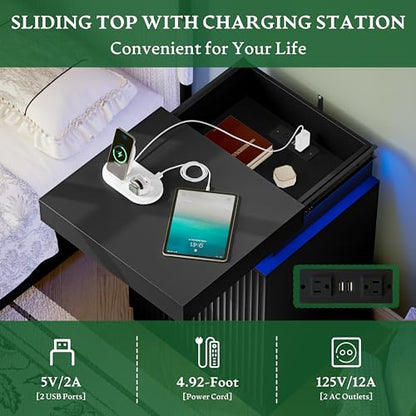 Xixini Nightstand with Charging Station and RGB LED Lights, Fluted 3-Drawer Bedside Table with Sliding Top, Wooden End Table for Bedroom, Living Room, Black - color: Black