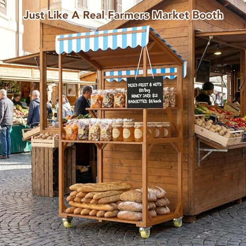 Wooden Farm Stand Cart, Solid Wood Farmers Market Stand with Wood Roof, Heavy Duty Display Table with Lockable Wheels, for Events & Small Business, Light Brown