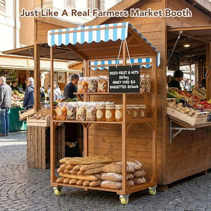 Wooden Farm Stand Cart, Solid Wood Farmers Market Stand with Wood Roof, Heavy Duty Display Table with Lockable Wheels, for Events & Small Business, Light Brown