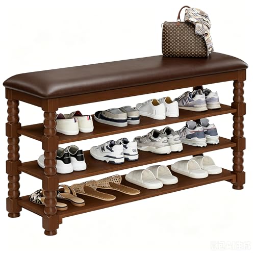 Homleke 39.4" Wide Solid Wood Shoe Rack Bench with Classic Turned Ball Legs | Tall 3-Tier Entryway Bench with Leather Seat, Holds Up to 12 Pairs, for Hallway, Bedroom and Closet, Walnut - color: Walnut, size: 3-Tier 39.4 Inch