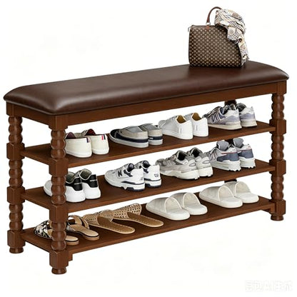 Homleke 39.4" Wide Solid Wood Shoe Rack Bench with Classic Turned Ball Legs | Tall 3-Tier Entryway Bench with Leather Seat, Holds Up to 12 Pairs, for Hallway, Bedroom and Closet, Walnut - color: Walnut, size: 3-Tier 39.4 Inch