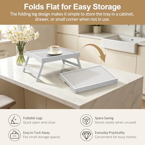 Breakfast Tray with Folding Legs Set of 2, Bamboo Bed Tray Table 15.7" Foldable TV Dinner Tray with Ergonomic Wave Handles for Bed Couch Sofa, Breakfast, Snacks, Coffee, White - color: White, size: Medium