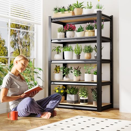 71.2" H Garage Shelving 5T Storage Shelves, Metal Adjustable Shelving Unit, Utility Garage Organizer Shelf for Basement, Pantry, Kitchen, Warehouse, 46" Wx18 Dx71.2 H, Black - size: 5-Wood-17.7"Dx45.6"Wx71.2"H