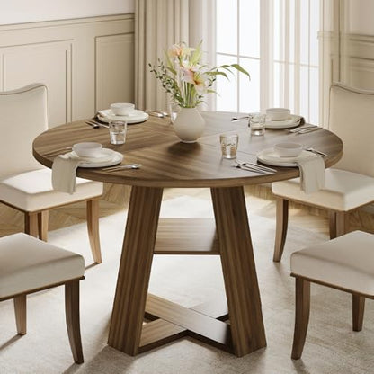 47.2" Round Dining Table for 4-6, Circle Kitchen Table with Open Storage Shelf, Farmhouse Dinner Table with Cross Pedestal Base for Dining Room, Kitchen, Living Room, Walnut - color: Walnut