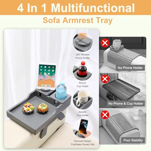 Couch Arm Table Tray, 15.3" x 9.8" Large Bamboo Couch Arerest Table for Cup Holder, Adjustable Sofa Arm Clip Tray Table with Rotated Phone Holder - color: Gray