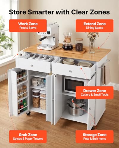 VEVOR Kitchen Island Cart with Storage, 42.36 in Wide Island Table for Kitchen, with 2 Drawers, Storage Cabinet, Table for Home Dining Room, White - size: 42.36"W