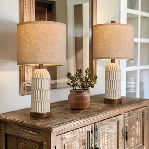 OYEARS 22.5" Bedside Table Lamps Set of 2, Farmhouse Table Lamp with USB A+C Charging Ports,Vintage Nightstand Lamp for Bedrooms and Living Rooms, Retro Resin End Table Lamp, Beige and Brown - color: White and Wood-Grain