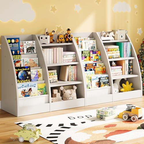 4 Tier Kids Bookshelf Set of 2, 4 Layer Sling Kids Book Shelf for Kids Rooms,Wood Children Bookcase,Baby Storage Book Rack,Toddler Bookshelf, Book and Toy Organizer,Book Display Shelf for Nursery - color: White, size: L-2PC