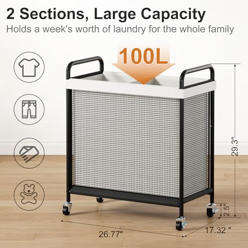 WOWLIVE Laundry Hamper 2 Section, 100L Rolling Laundry Basket with wheels and Removable Liner Bag, Double Laundry Sorter with Metal Handle, Clothes Hamper for Laundry Room, Bathroom and Dorm, Beige - size: 2-Section