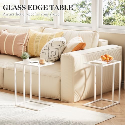 Easy Paws Small C Shaped End Table Set of 2, Glass Couch Side Snack Table for Living Room, Bedroom,TV Tray Table for Sofa,Accent Coffee Table,Nightstand with Metal Frame(White) - color: White