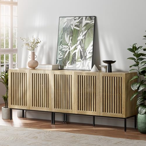 BVIUNTWO 79" Farmhouse Buffet Cabinet with Metal Base, Adjustable Shelves & 5 Doors, Oak Storage Sideboard for Kitchen, Dining & Living Room - color: Oak, size: 79 Inch