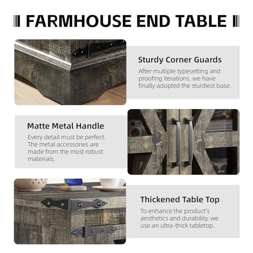 Farmhouse End Table, 24" Large End Tables with Storage, Rustic Square Sofa Beside Table with Glass Barn Door, Wood Side Table Square Nightstand for Living Room, Bedroom, Office (Antique Finish) - color: Antique Finish