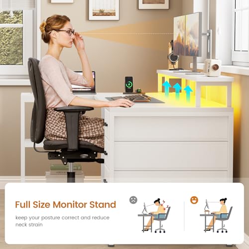 SEDETA L Shaped Gaming Desk with 4 Drawers, Shelves, Power Outlets, White | L Shaped Desk with LED Lights , Computer Desk with Shelves & Drawer, Corner Desk Home Office Desk - color: White