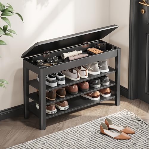IUNVR Shoe Rack Bench Seat Rubberwood 3-Tier Wooden Storage Bench 550lbs Compact Mid-Century Modern Design for Entryway, Hallway, Closet, Front Door Entrance, Foyer - color: Black-3 Tier(wood), size: 31.5"W x 11.8"D x 20.5"H