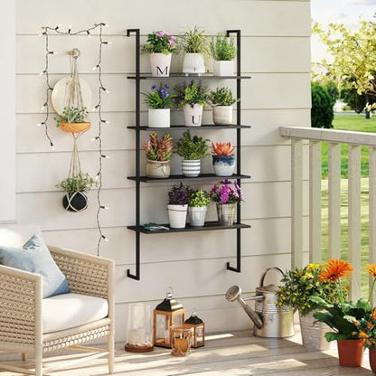 Tangkula 4-Tier Wall-Mounted Bookshelf, Industrial Modern Floating Storage Display Shelves with Metal Frame, Wall-Mounted Ladder Wooden Bookcase for Living Room, Kitchen, Bar, Office (1, Black) - color: Black