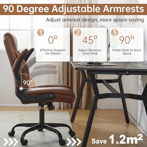 YFO Leather Office Ergonomic Home Office Desk Chair, Back Support Swivel Executive Office Chair with Wheels and Flip-Up Armrests, Small Gaming Chair with Adjustable Rocking Function, Brown - color: Brown