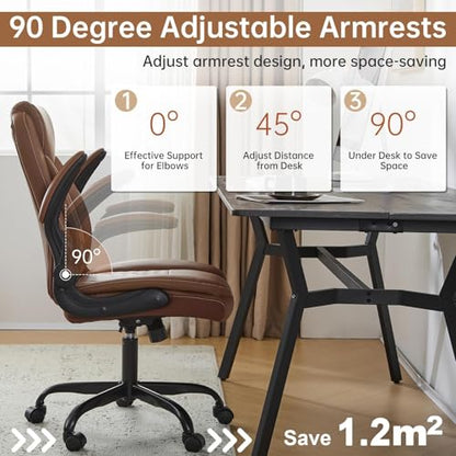 YFO Leather Office Ergonomic Home Office Desk Chair, Back Support Swivel Executive Office Chair with Wheels and Flip-Up Armrests, Small Gaming Chair with Adjustable Rocking Function, Brown - color: Brown
