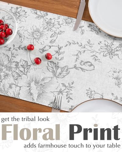 jinchan Grey Floral Linen Table Runner 13 x 90 Inch Farmhouse | Neutral botanical details bring warmth to family dinners, celebrations and everyday dining spaces. - color: Peony | Grey on Linen, size: 90" x 13" (Rectangular)