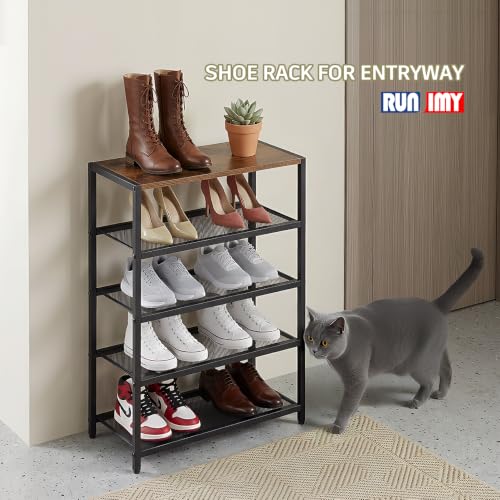 5 Tier Narrow Shoe Rack Shelf for Front Door Entrance, Entryway, and Closet Shoe Organizer with 4 Sturdy Metal Mesh Shelves and Wooden Top, Holds 10 Pairs, Ideal for Shoe Storage or Display - size: 17"D x 10.24"W x 30.7"H