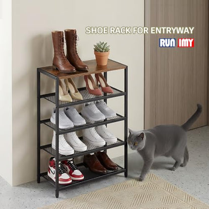 5 Tier Narrow Shoe Rack Shelf for Front Door Entrance, Entryway, and Closet Shoe Organizer with 4 Sturdy Metal Mesh Shelves and Wooden Top, Holds 10 Pairs, Ideal for Shoe Storage or Display - size: 17"D x 10.24"W x 30.7"H
