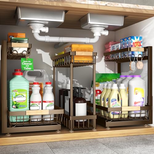 Sevenblue 3 Pack Under Sink Organizer, Height Adjustable 2 Tier Pull-Out Metal Under Kitchen Sink Organizer, Multi-Purpose Storage Shelves for Kitchen Bathroom Cabinet, Brown - color: Brown