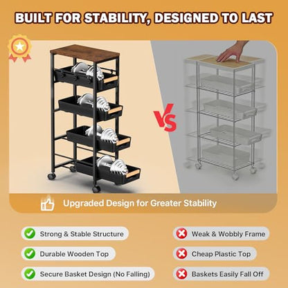 SUNALLY Slim Storage Cart with Pull-Out Baskets, 5-Tier Rolling Kitchen Cart with Wooden Top & Lockable Wheels, Narrow Space Utility Cart Organizer for Kitchen, Bathroom, Laundry Room, Black - color: Black